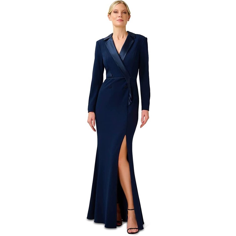 Adrianna Papell Midnight Satin Trim Crepe Tuxedo Gown Dress Stretch NWT NEW 12